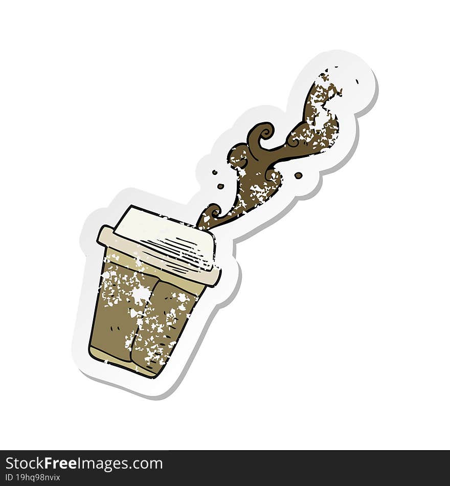 retro distressed sticker of a cartoon coffee spilling