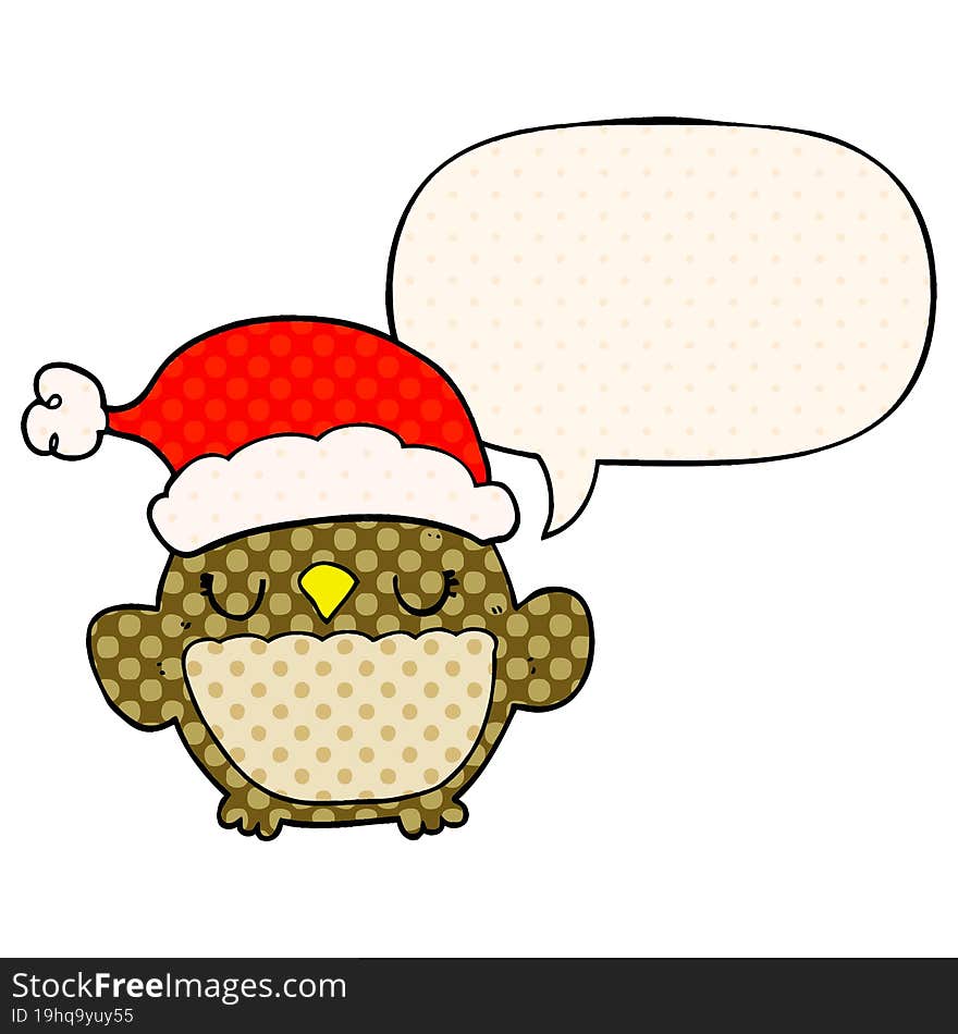 cute christmas owl with speech bubble in comic book style