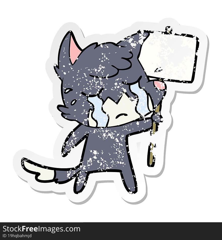 distressed sticker of a crying fox cartoon with placard