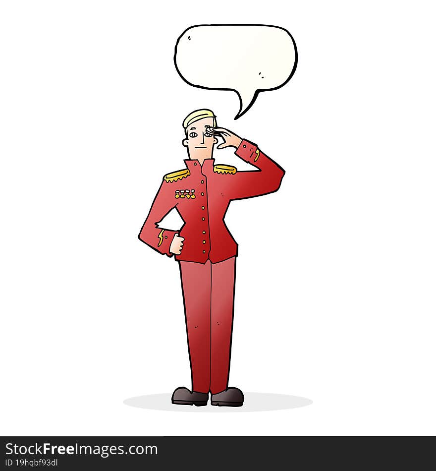 cartoon military man in dress uniform with speech bubble