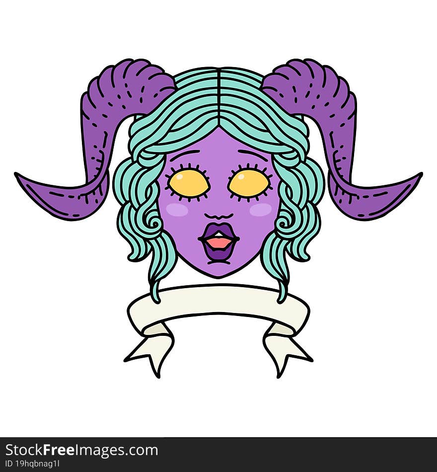 Tiefling Character Face With Scroll Banner Illustration