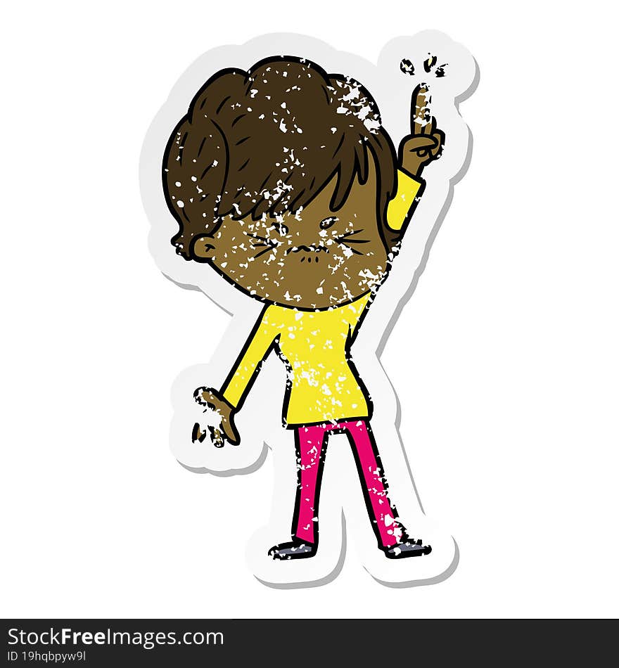 distressed sticker of a cartoon frustrated woman