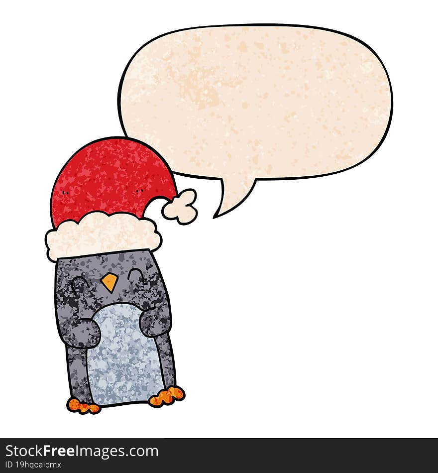 cartoon penguin and speech bubble in retro texture style