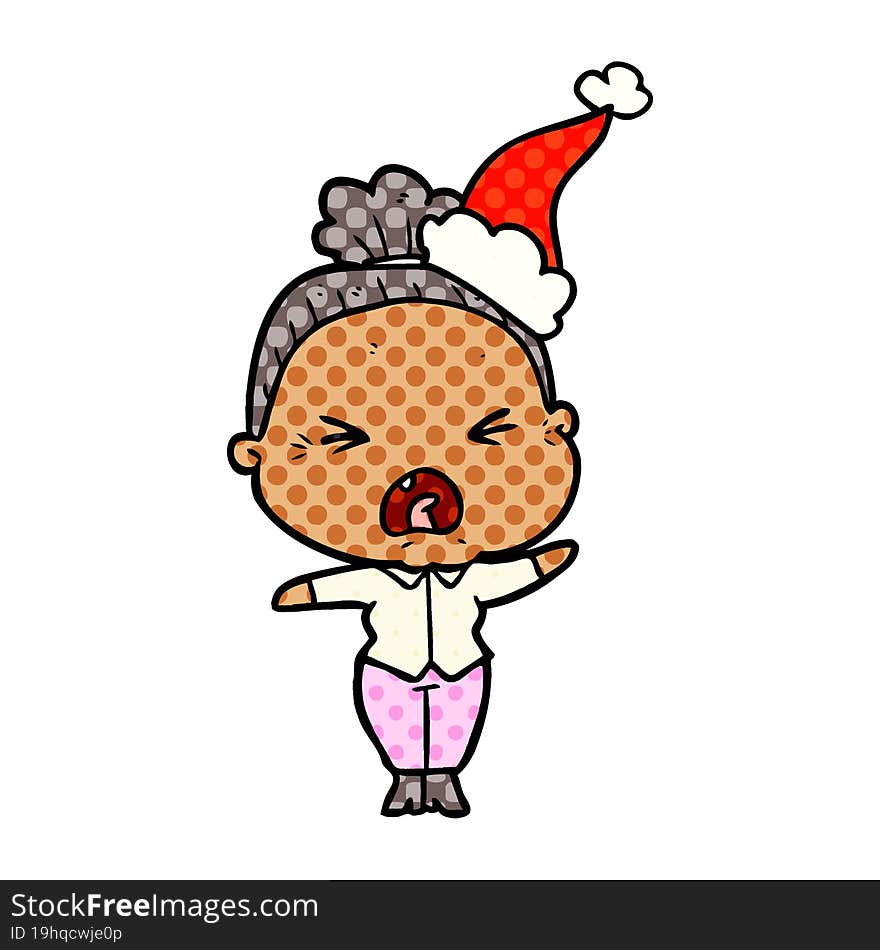 Comic Book Style Illustration Of A Angry Old Woman Wearing Santa Hat