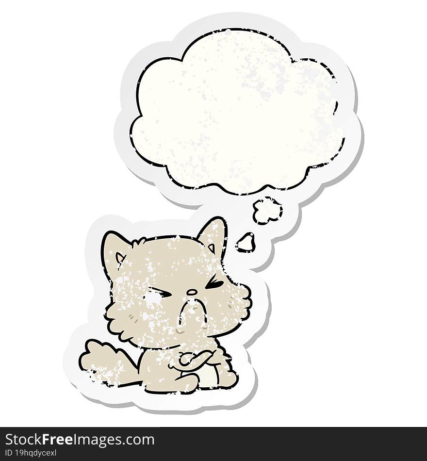 cartoon angry cat and thought bubble as a distressed worn sticker