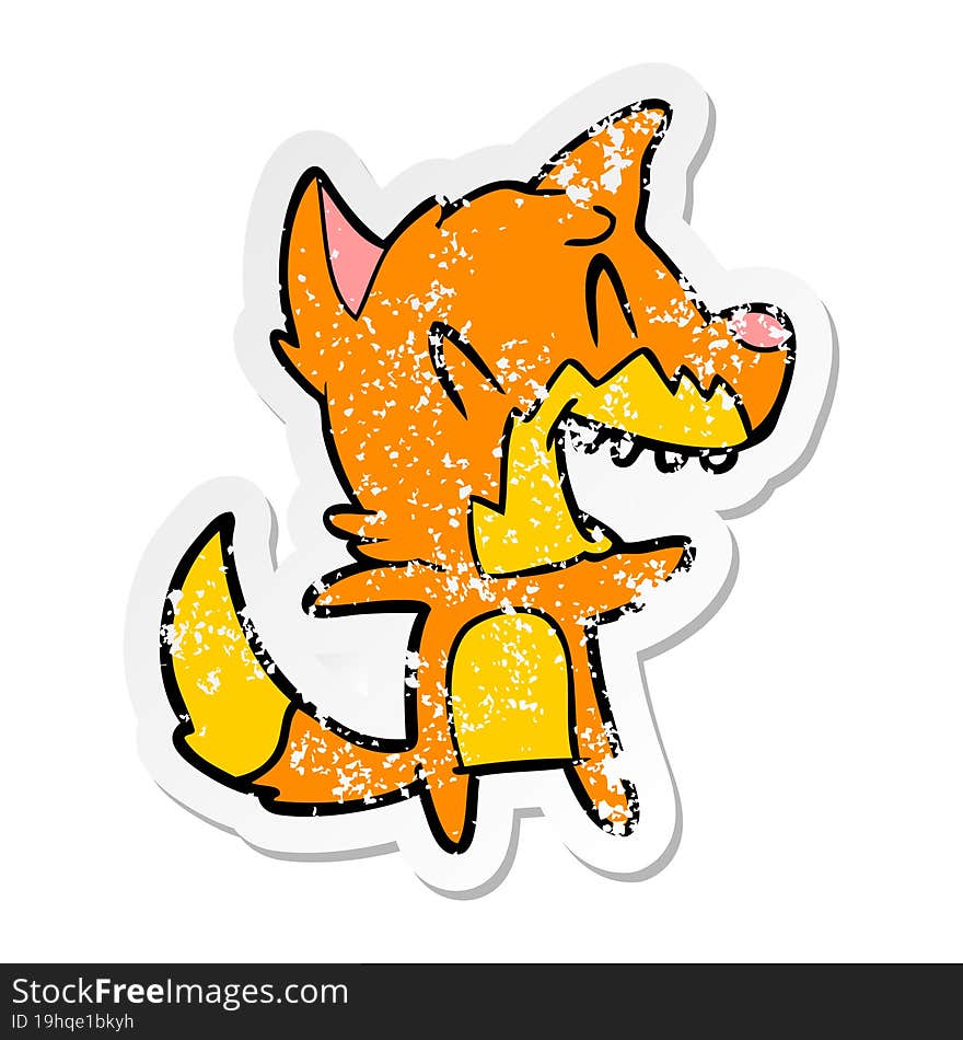 distressed sticker of a laughing fox cartoon