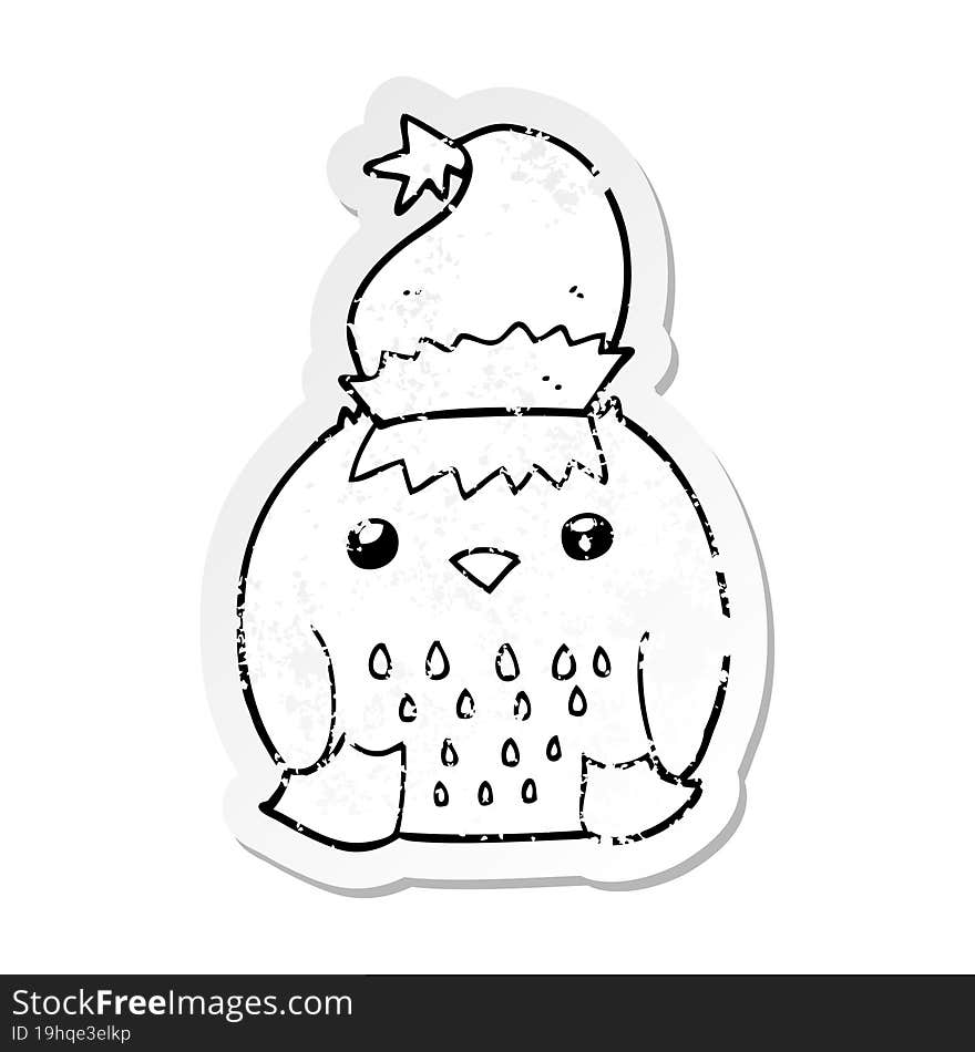 distressed sticker of a cute cartoon owl wearing christmas hat