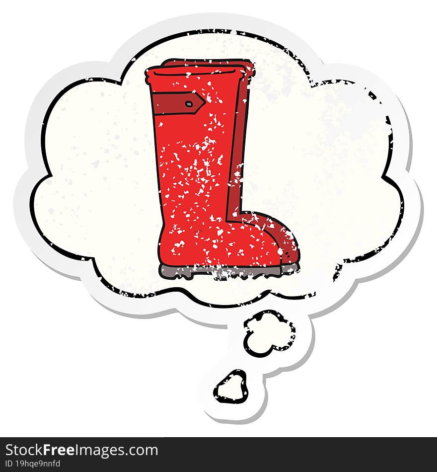 cartoon wellington boots with thought bubble as a distressed worn sticker