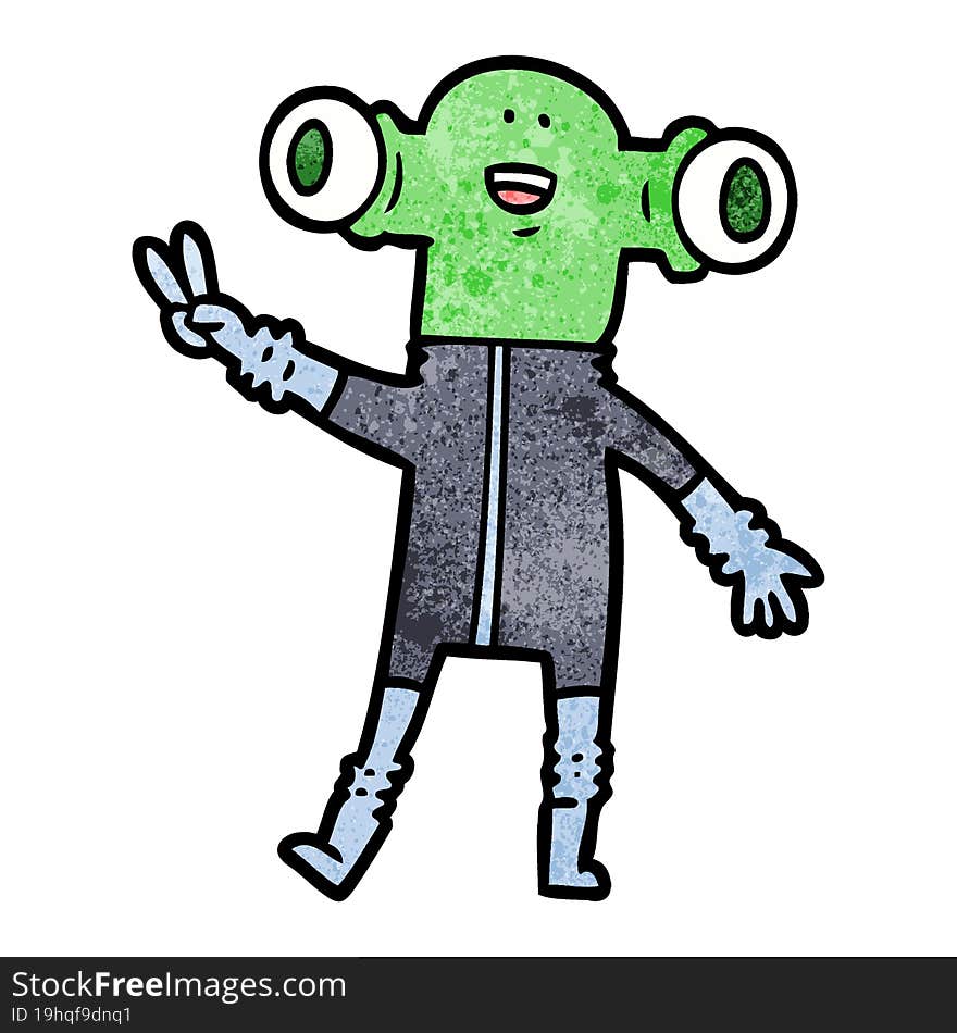 friendly cartoon alien giving peace sign. friendly cartoon alien giving peace sign