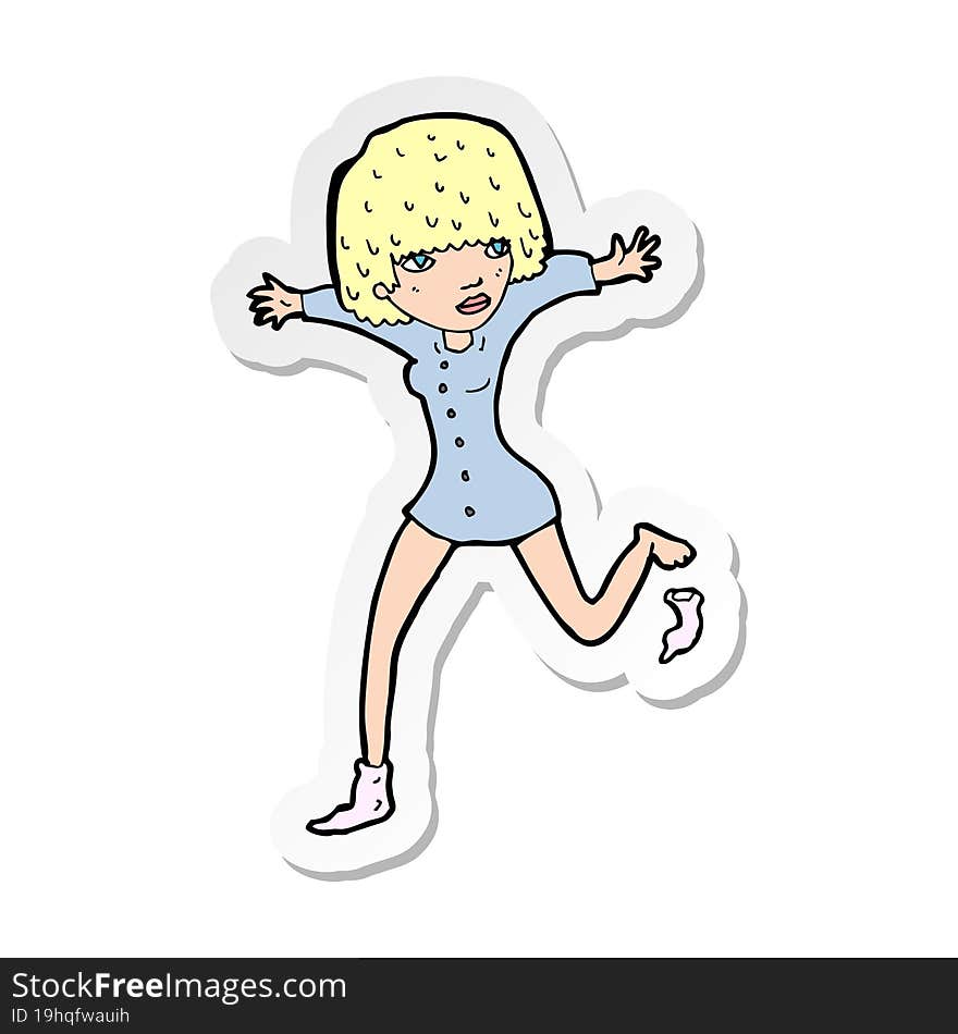 sticker of a cartoon woman kicking off sock