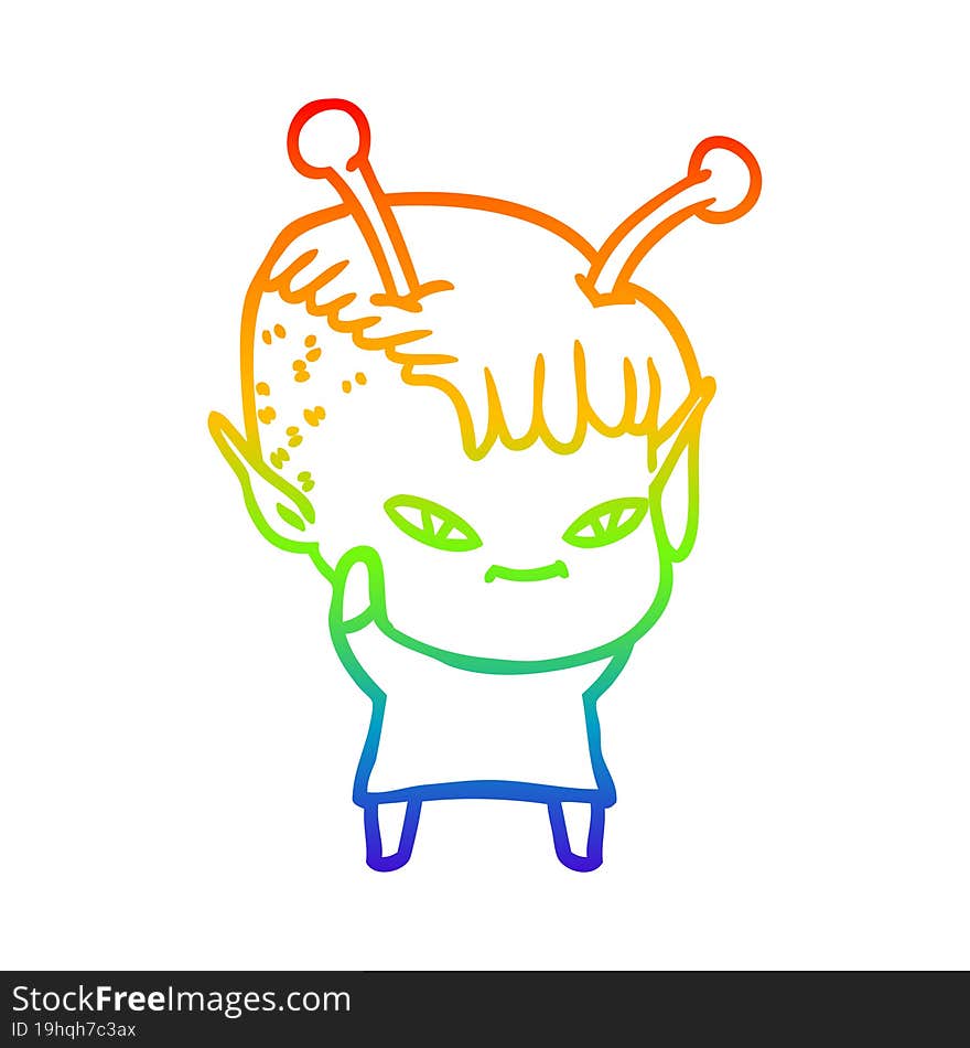 rainbow gradient line drawing of a cute cartoon alien girl