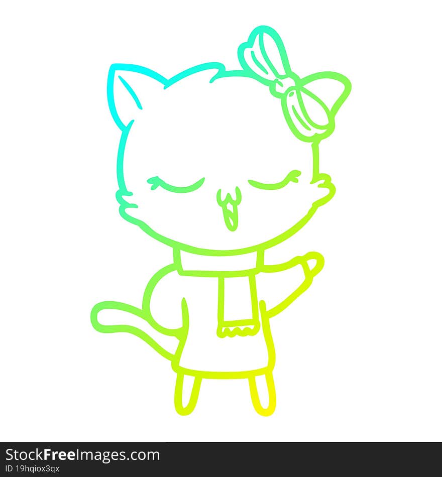 cold gradient line drawing cartoon cat with bow on head