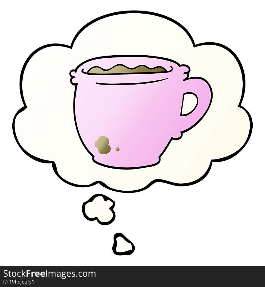 cartoon hot cup of coffee and thought bubble in smooth gradient style