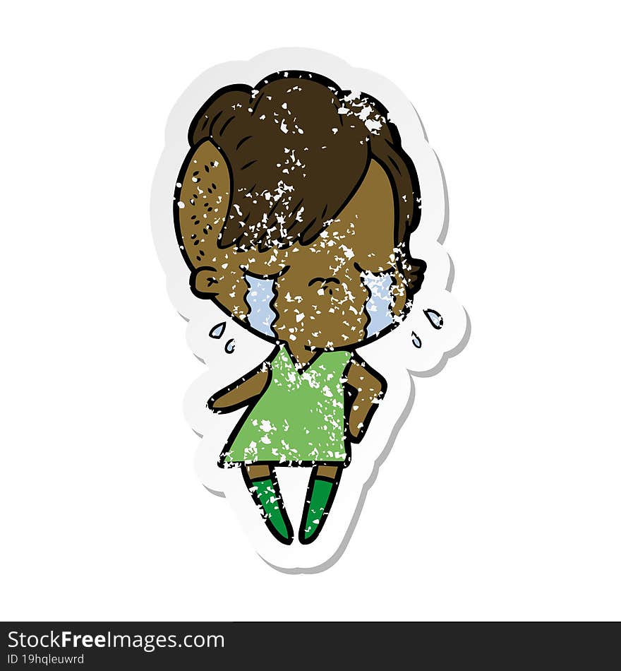 distressed sticker of a cartoon crying girl