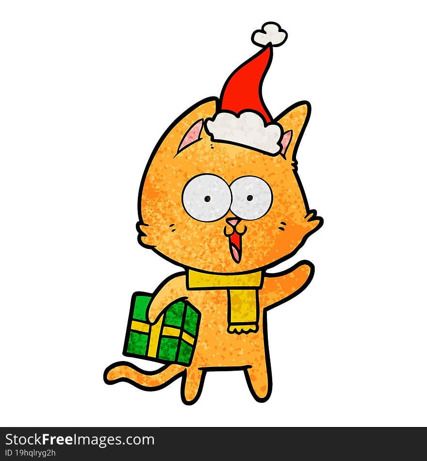 funny textured cartoon of a cat wearing santa hat