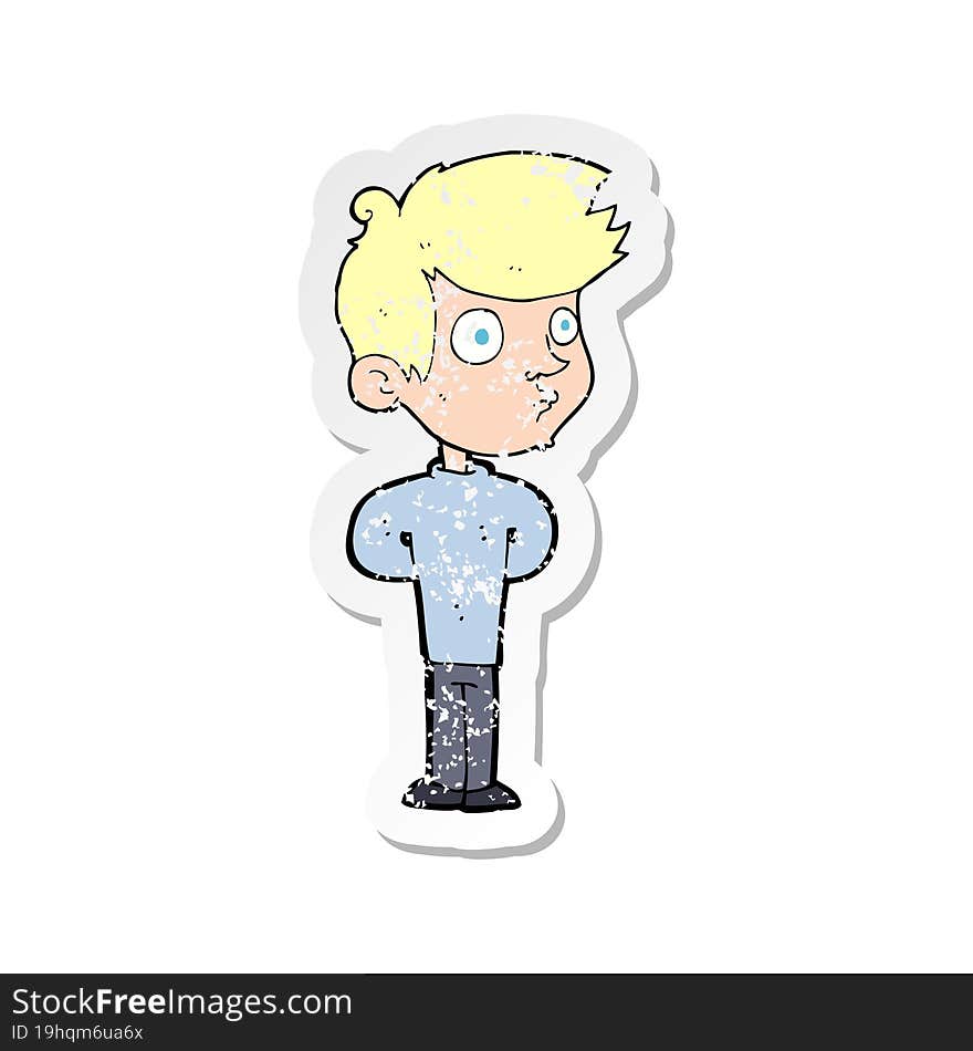 retro distressed sticker of a cartoon boy staring