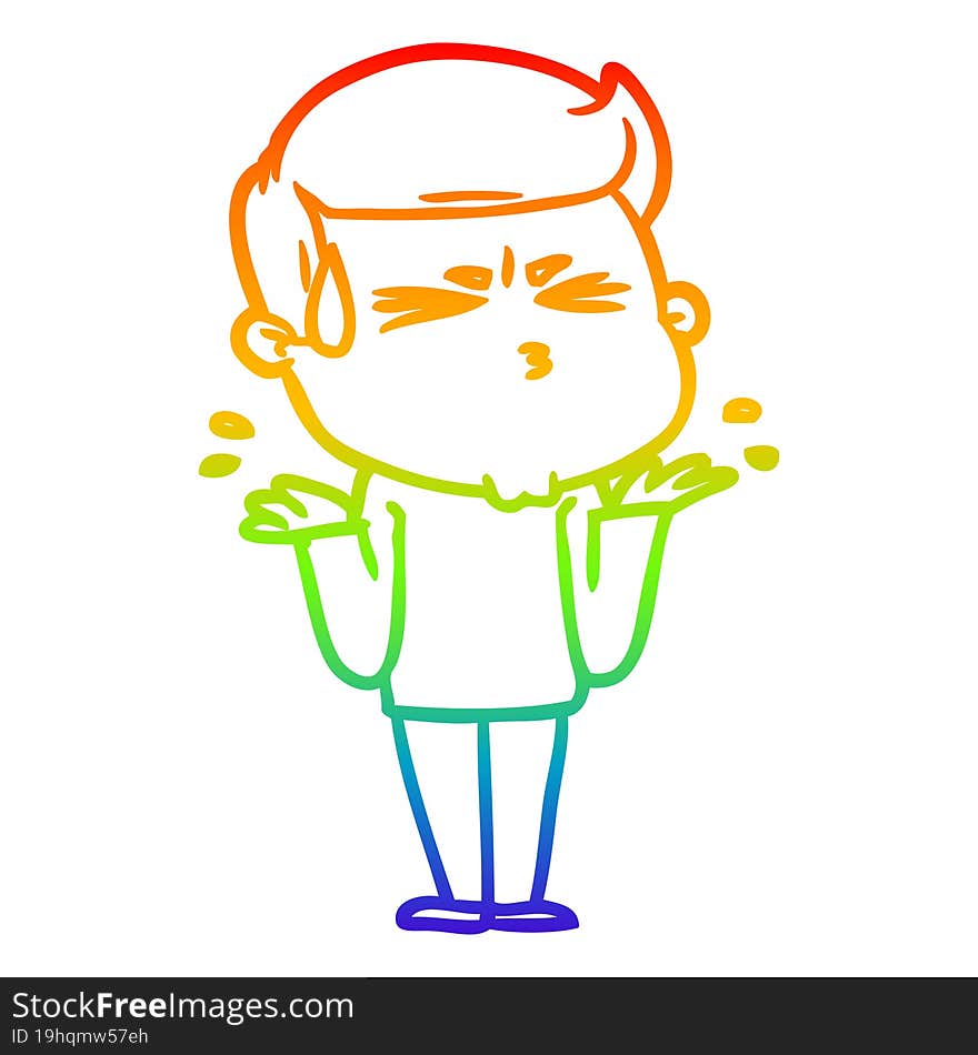 rainbow gradient line drawing cartoon man sweating