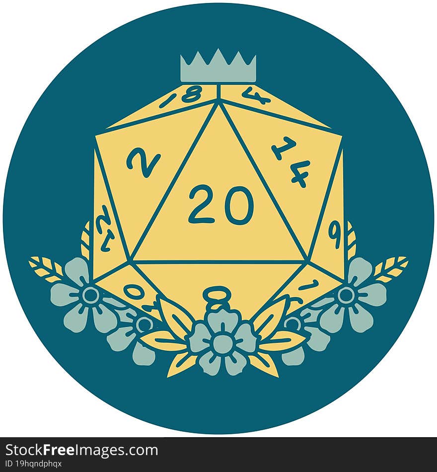 Natural 20 D20 Dice Roll With Floral Elements Illustration