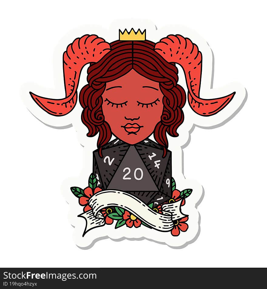 sticker of a tiefling with natural twenty dice roll. sticker of a tiefling with natural twenty dice roll