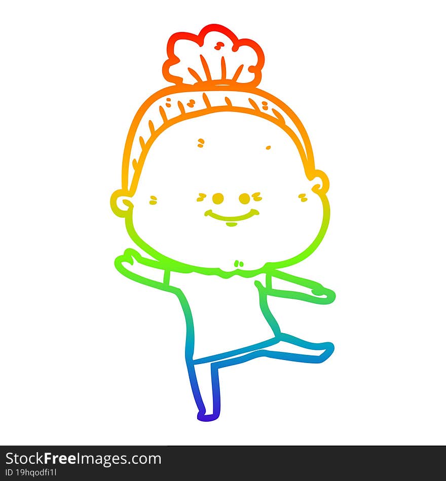 rainbow gradient line drawing of a cartoon happy old woman