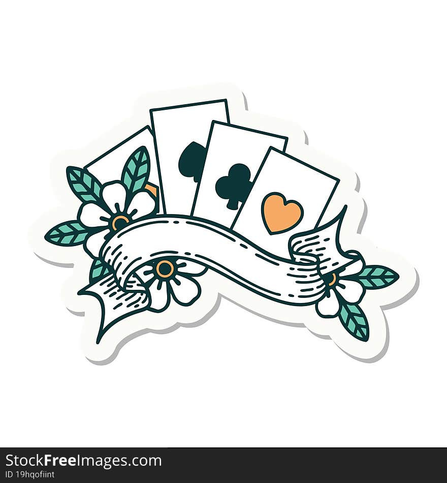 tattoo style sticker of cards and banner