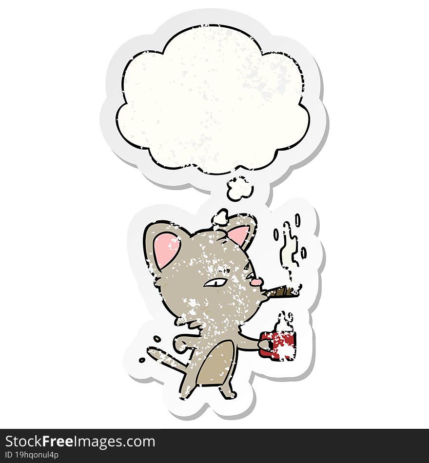 cartoon cat with coffee and cigar with thought bubble as a distressed worn sticker