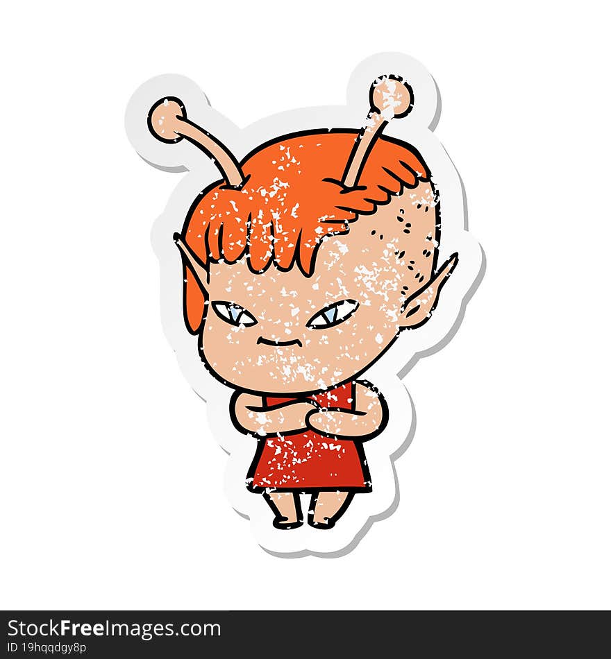 distressed sticker of a cute cartoon alien girl