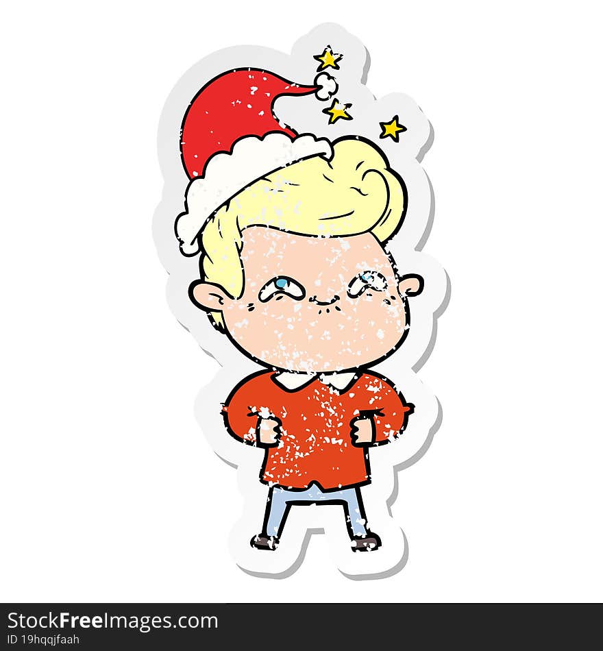 distressed sticker cartoon of a excited man wearing santa hat