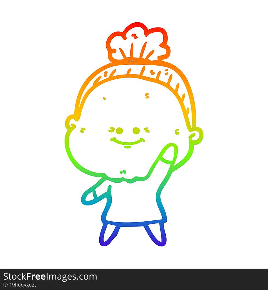 rainbow gradient line drawing of a cartoon happy old woman