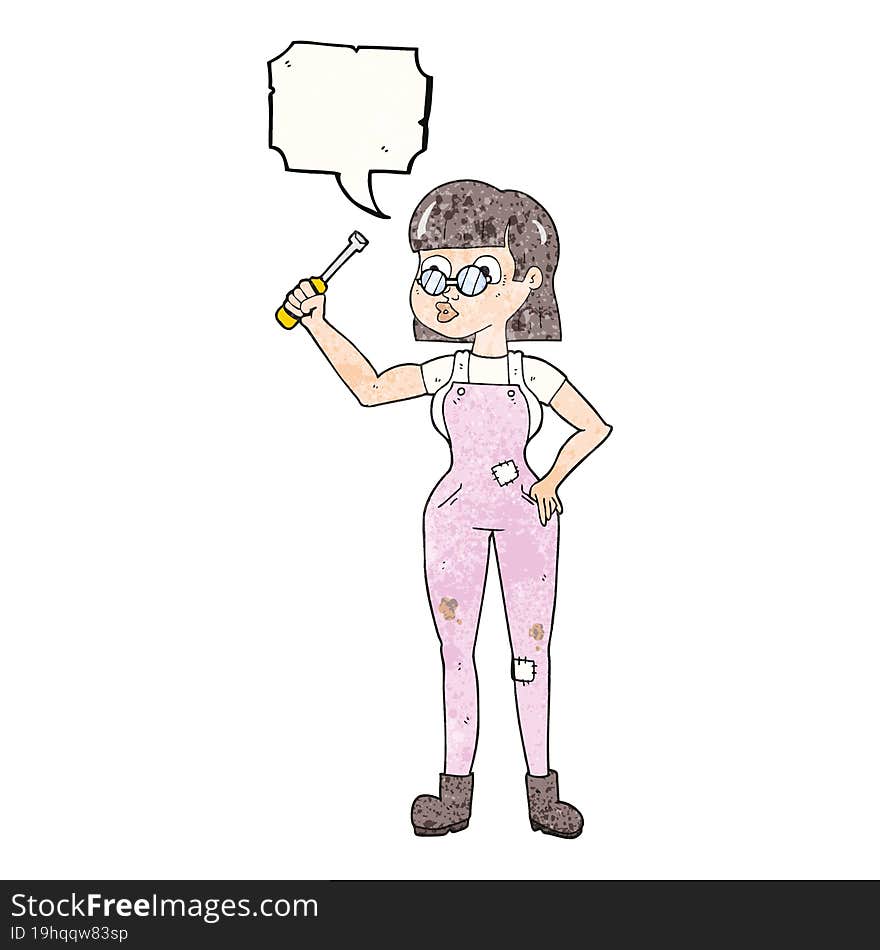 speech bubble textured cartoon female mechanic