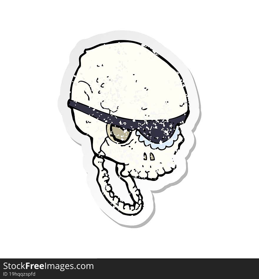 retro distressed sticker of a cartoon spooky skull with eye patch