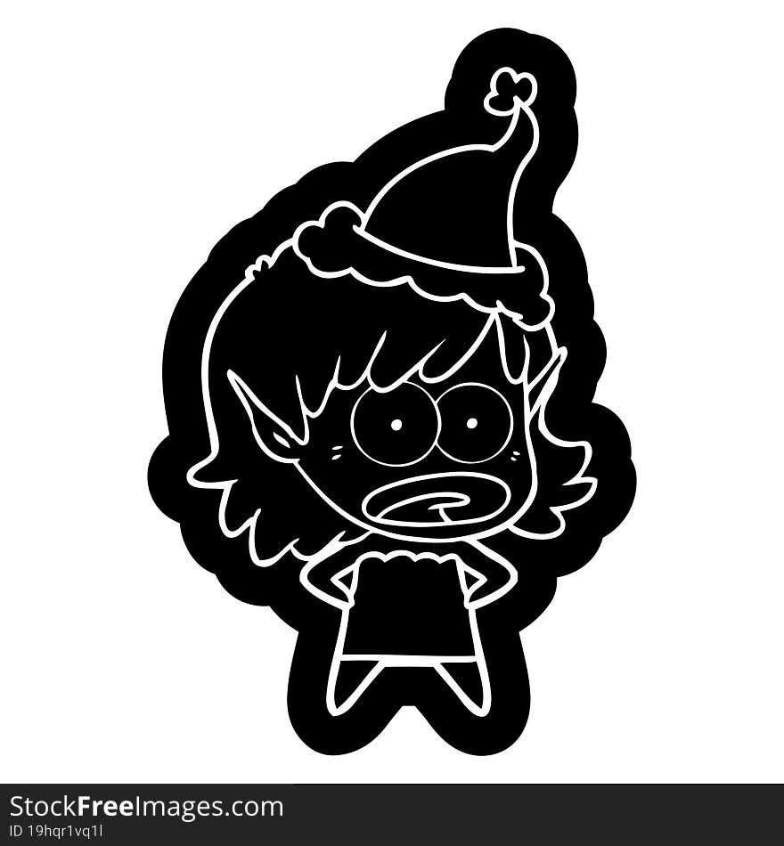 quirky cartoon icon of a shocked elf girl wearing santa hat