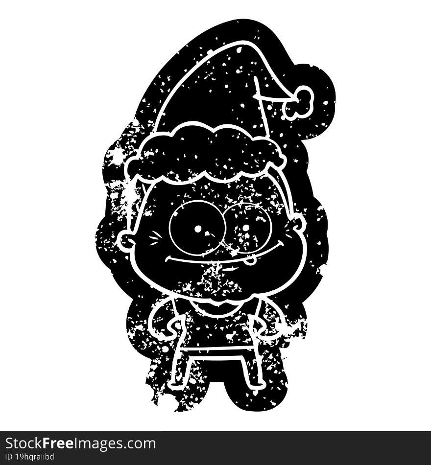 cartoon distressed icon of a happy old woman wearing santa hat