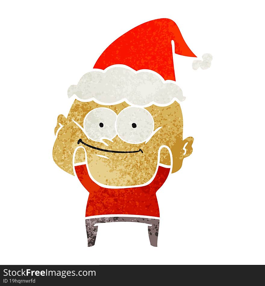 retro cartoon of a bald man staring wearing santa hat