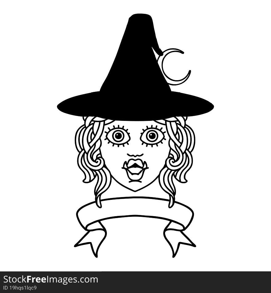 Black and White Tattoo linework Style half orc witch character face with banner. Black and White Tattoo linework Style half orc witch character face with banner