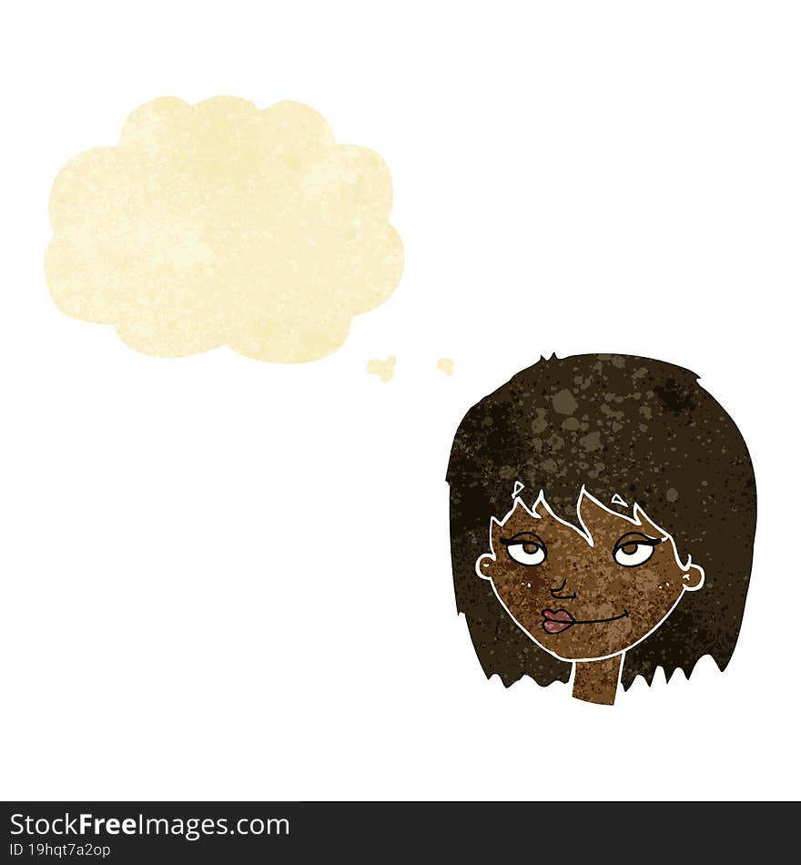 cartoon smiling woman with thought bubble