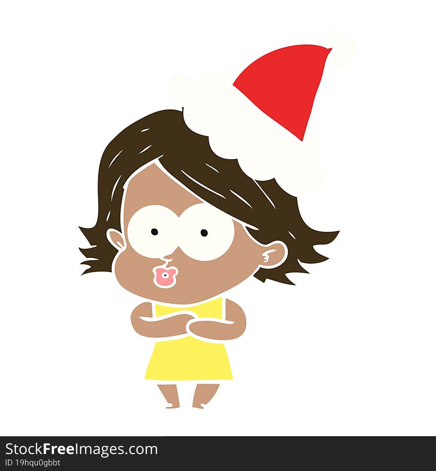 hand drawn flat color illustration of a girl pouting wearing santa hat