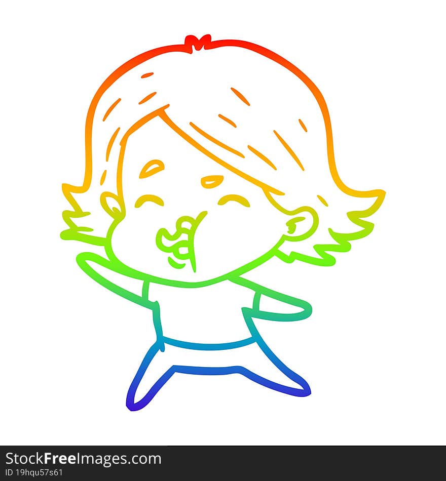 Rainbow Gradient Line Drawing Cartoon Girl Pulling Face