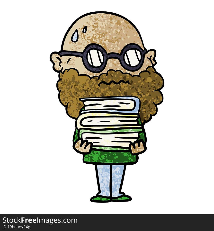 cartoon worried man with beard and stack of books. cartoon worried man with beard and stack of books