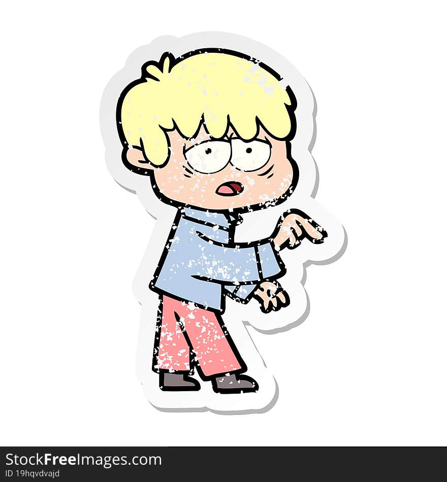 distressed sticker of a cartoon exhausted boy