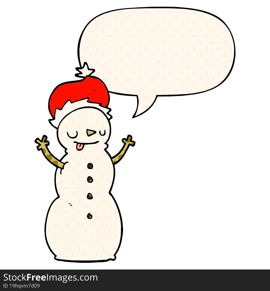 cartoon christmas snowman and speech bubble in comic book style