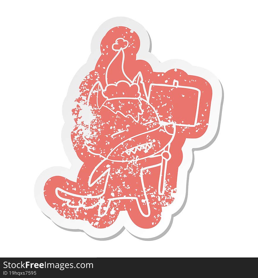 cartoon distressed sticker of a wolf with sign post showing teeth wearing santa hat