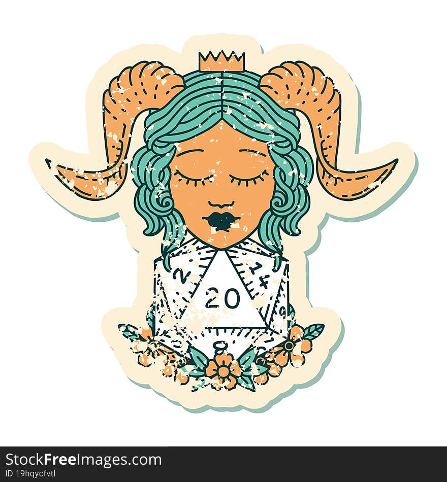 grunge sticker of a tiefling with natural twenty d20 dice roll. grunge sticker of a tiefling with natural twenty d20 dice roll