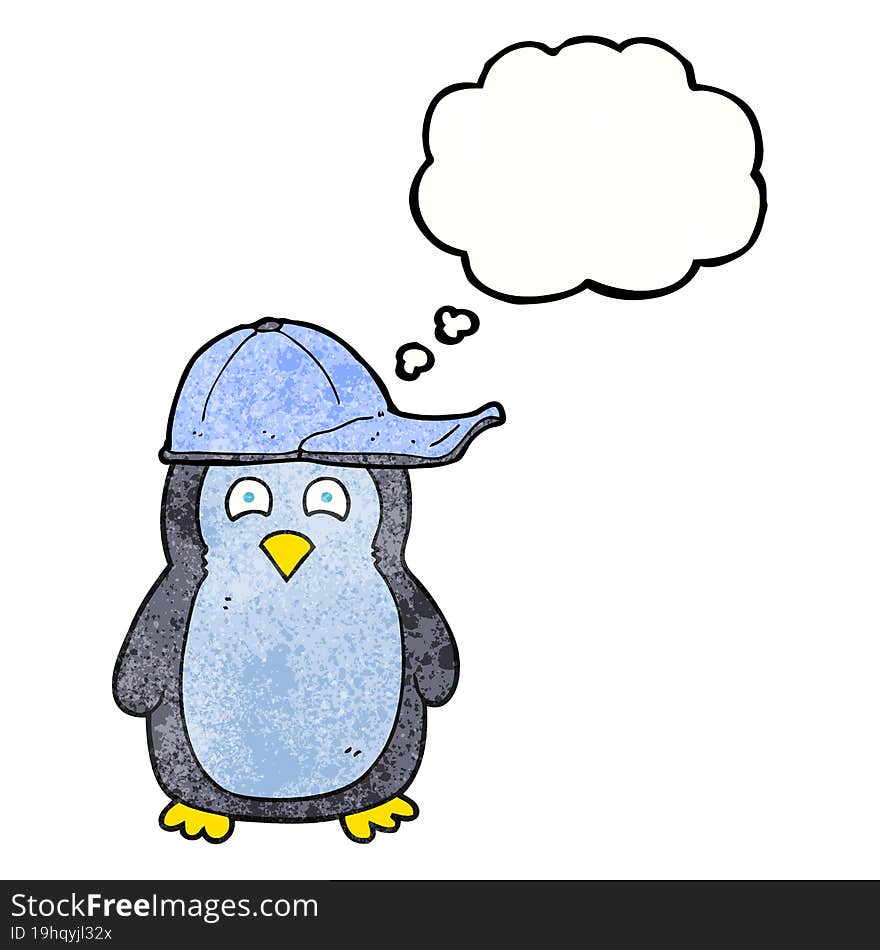 Thought Bubble Textured Cartoon Penguin Wearing Hat