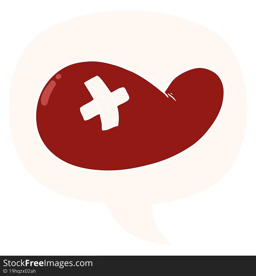 cartoon injured gall bladder and speech bubble in retro style