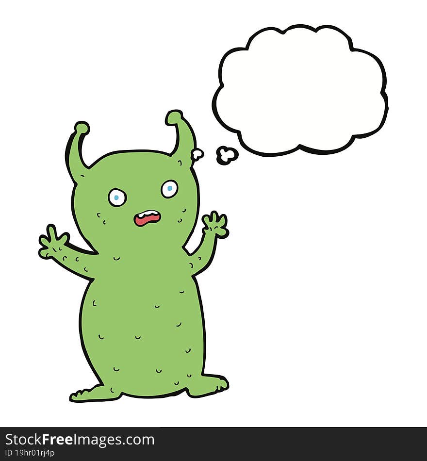 cartoon funny little alien with thought bubble