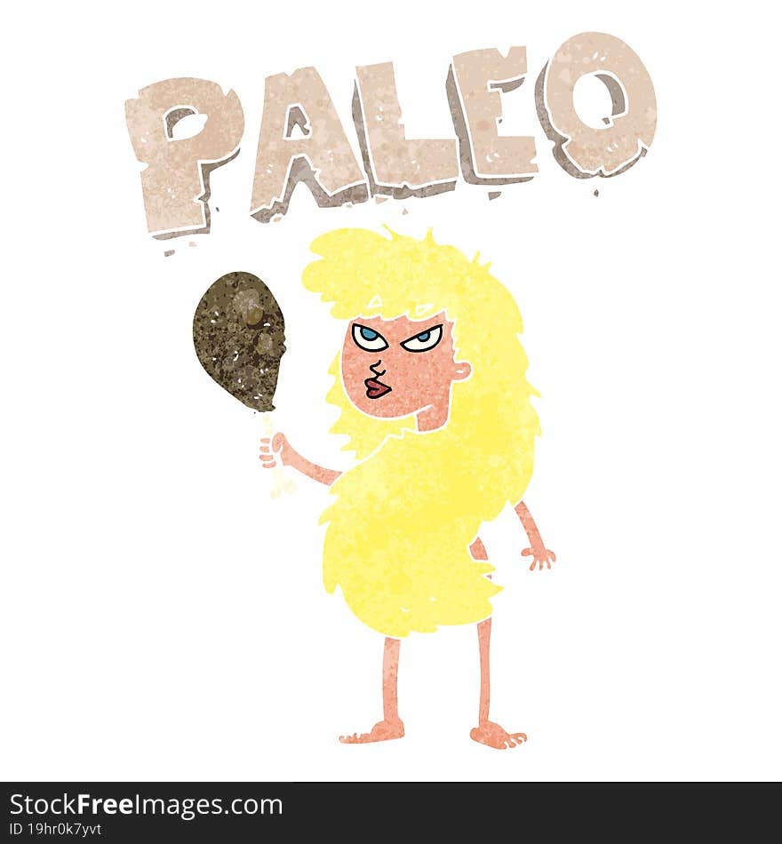 freehand retro cartoon woman on paleo diet