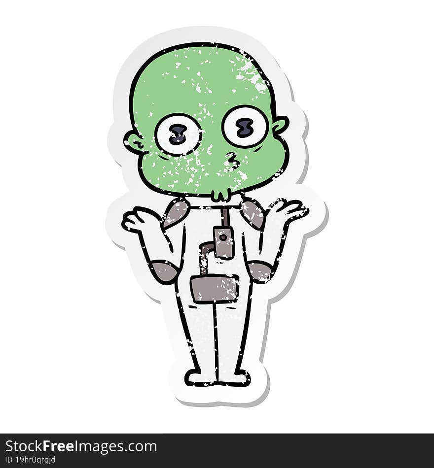 Distressed Sticker Of A Confused Weird Bald Spaceman