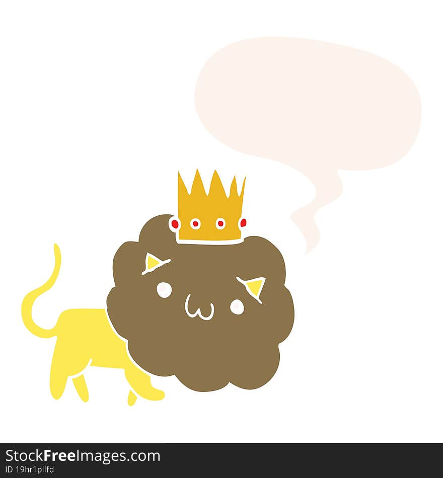 cartoon lion and crown and speech bubble in retro style