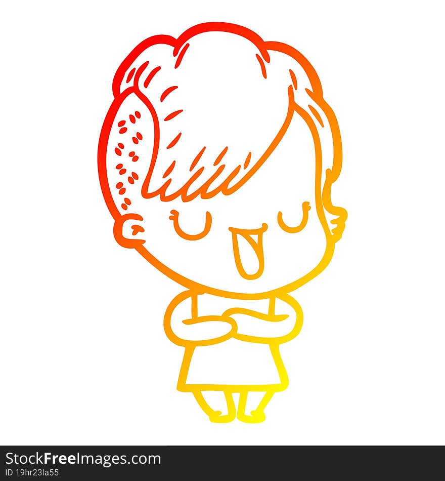 Warm Gradient Line Drawing Cute Cartoon Girl With Hipster Haircut